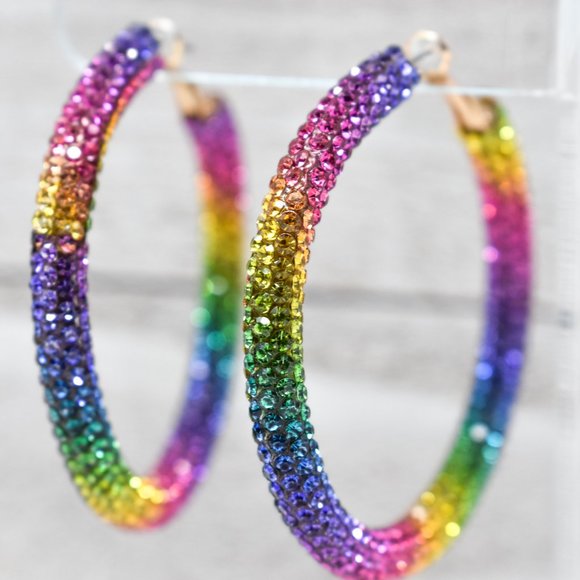 2.25" Boho Multicolor Pave Rhinestone Hoop Earring - Picture 3 of 11